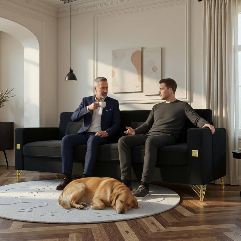 85.63" Velvet Sofa Couch with Cushions, Loveseat for Living Room, Square Armrest Upholstered Sofa with Metal Legs