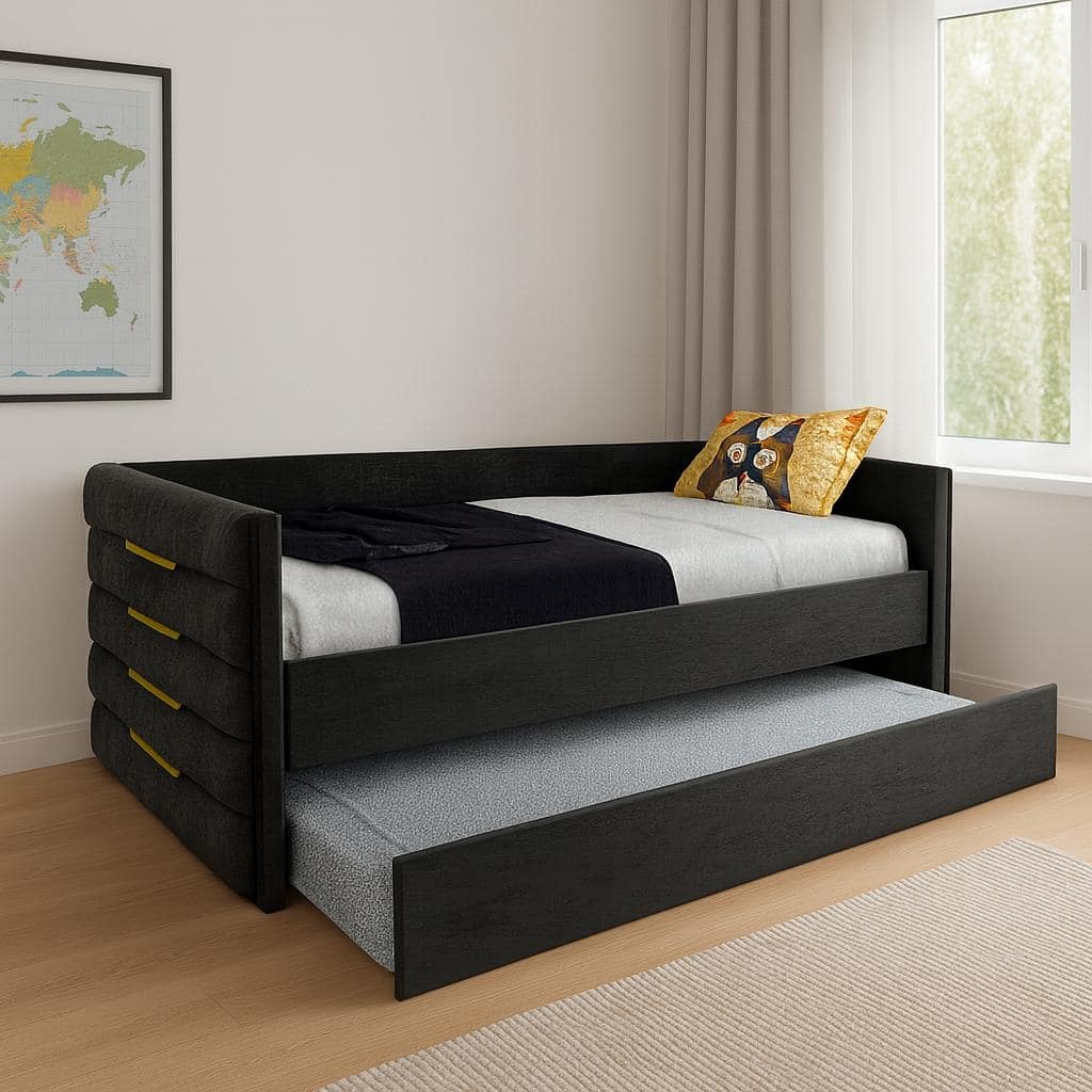 Modern Twin Size Daybed with Trundle, Upholstered Black Velvet Sofa Bed Frame with Gold Accents, Space-Saving Guest Bed