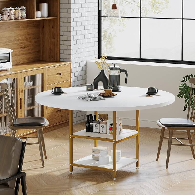 47-Inch Round Wood Dining Table for 4 With Storage Shelf Large Kitchen Table for Home Dining/Living Room