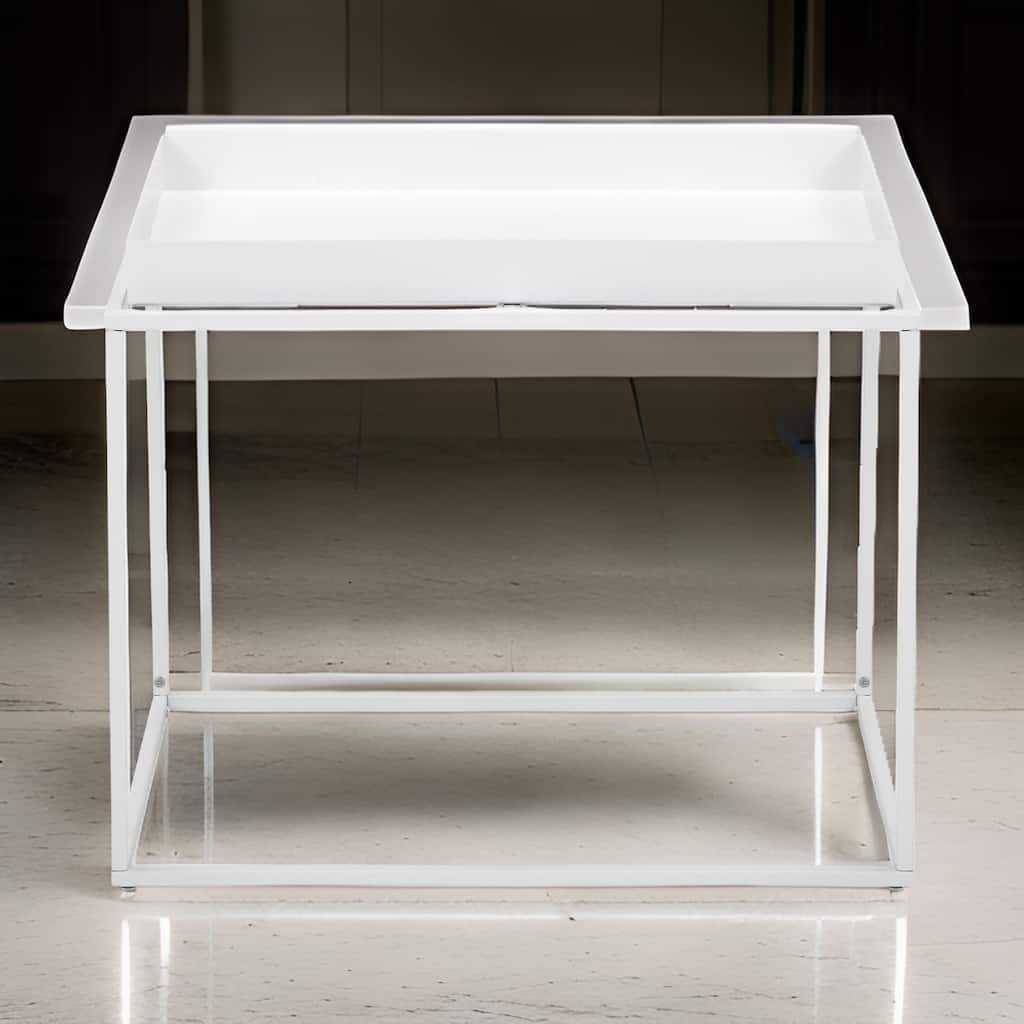 Bixy 24 Inch Side End Table, White Tray Top, Open Cubic Metal Frame