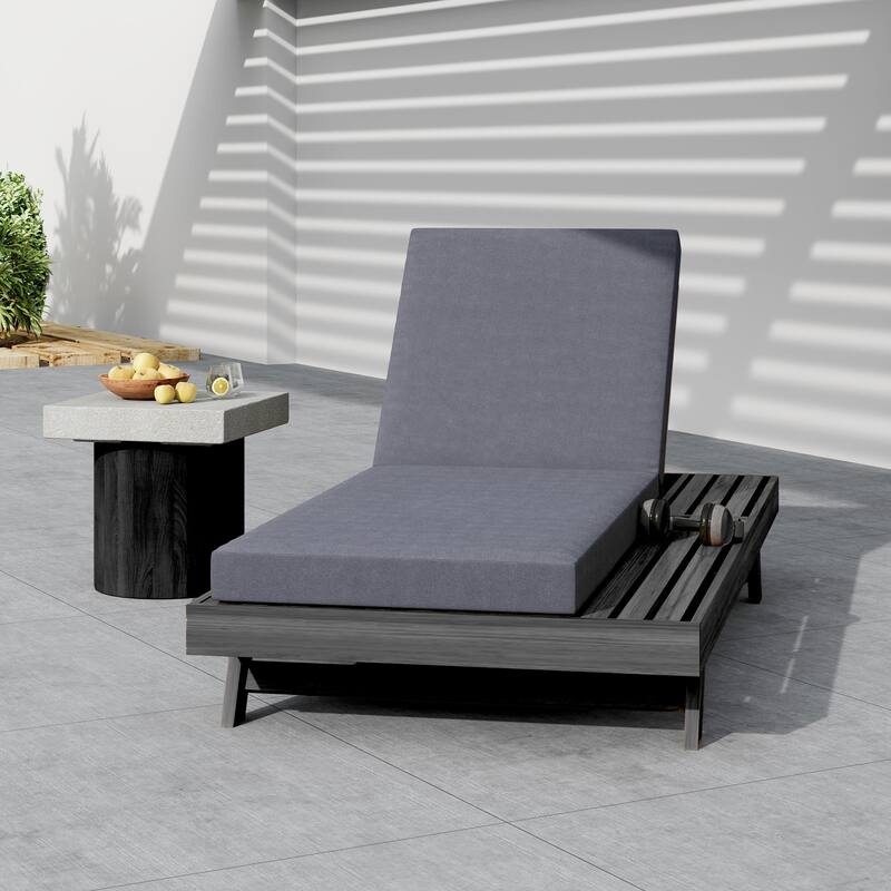 Outdoor Patio Acacia Wood Chaise Lounge Chair with Adjustable Backrest, Side Open Storage and Water-Repellent Cushions