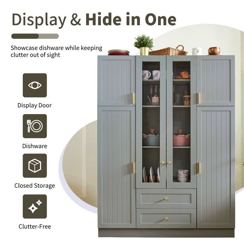 Modern 71" Tall Kitchen Pantry with Storage Cabinet, 6 Doors , Drawers, Adjustable Shelves,Pull-out Trays and Wine Rack