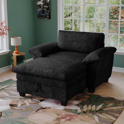 Oversize Chaise Lounge Chair with Ottoman and Storage, Upholstered in Soft Chenille