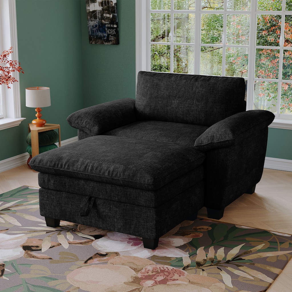 Oversize Chaise Lounge Chair with Ottoman and Storage, Upholstered in Soft Chenille