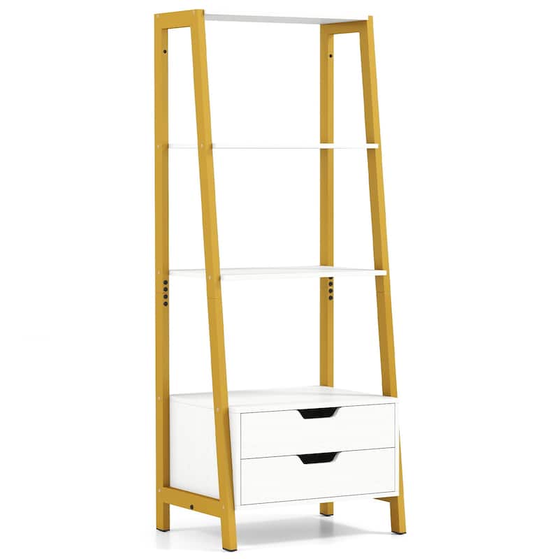 Ladder Bookshelf 4-Tier Freestanding Bookcase with Drawers - 20.5" x 15.5" x 52.5"