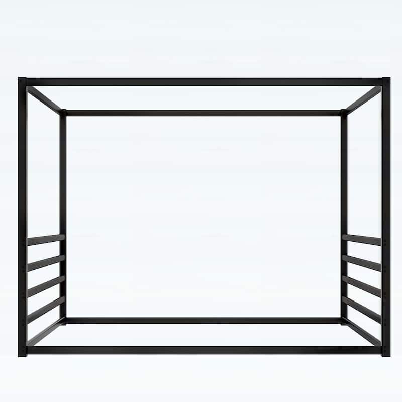 Floor House Bed with Fence-Style Guardrails,Modern Low-Profile Design