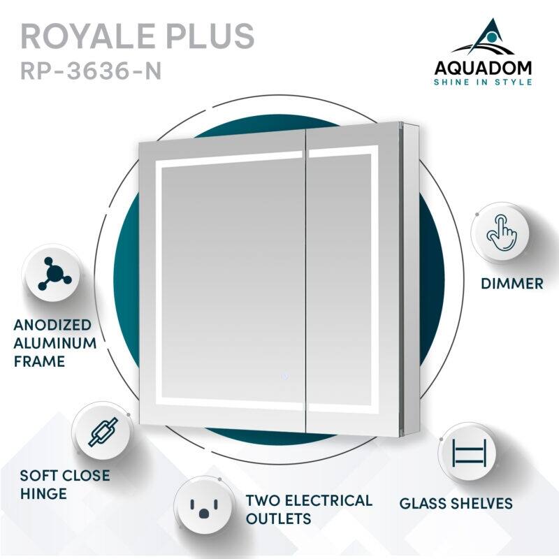 AQUADOM Royale Plus 36W Bathroom Led Lighted Medicine Cabinet Defogger, 3X LED Adjustable Magnifying Mirror, Electrical Outlets.