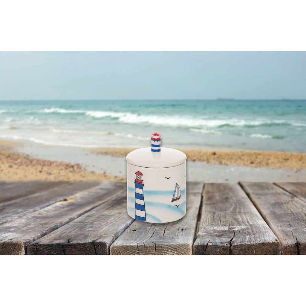 3.5" x 4.75" Ceramic Lighthouse Beach Sugar Container with Lid - Coastal
