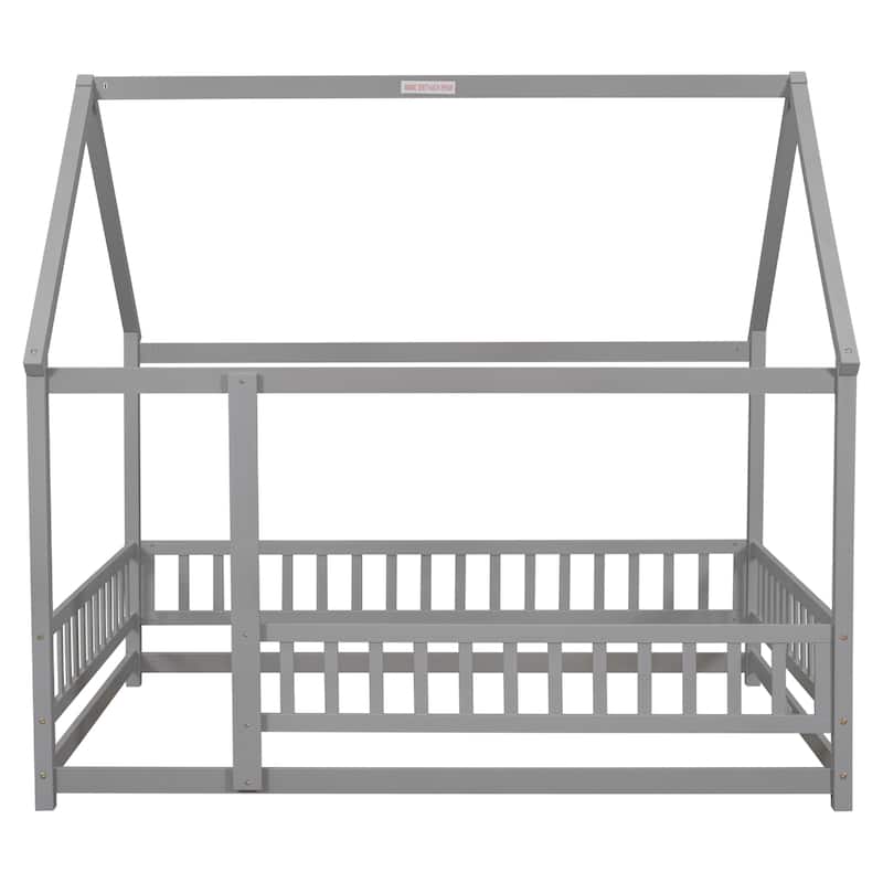 Floor Wooden Bed with House Roof Frame, Fence Guardrails