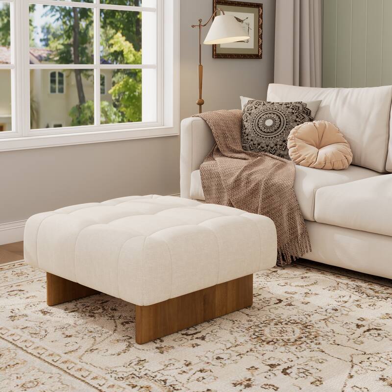 Christopher Knight Home - Vireo Linen Tufted Square Ottoman with Pocket Coil Comfort - Beige