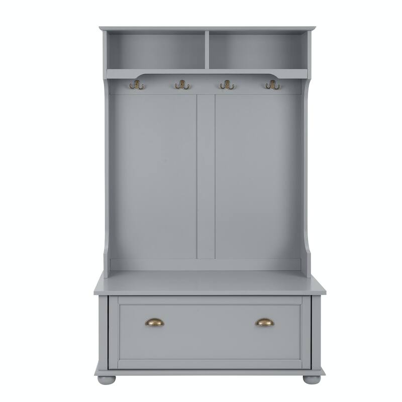 Coastal Style Hall Tree Entryway Bench with Open Shelves and Shoe Cabinets