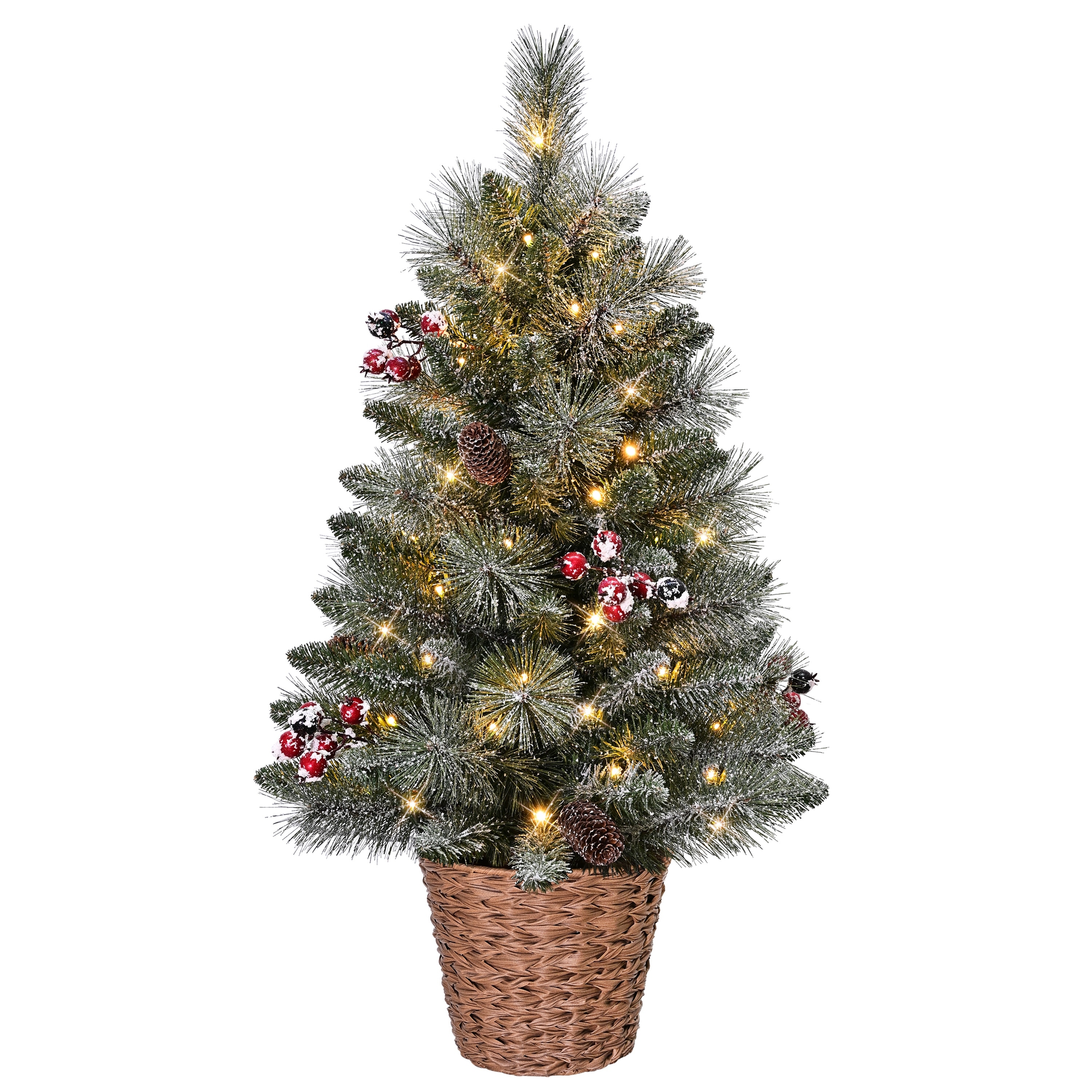 3 ft Pre-Lit Artificial Snowy Tree in Basket with 50 Warm White LED Lights