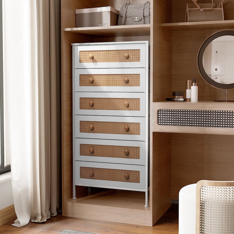 6-Drawer Chest Faux Rattan Fabric Drawers Dresser Storage Cabinet Bedroom Organizer