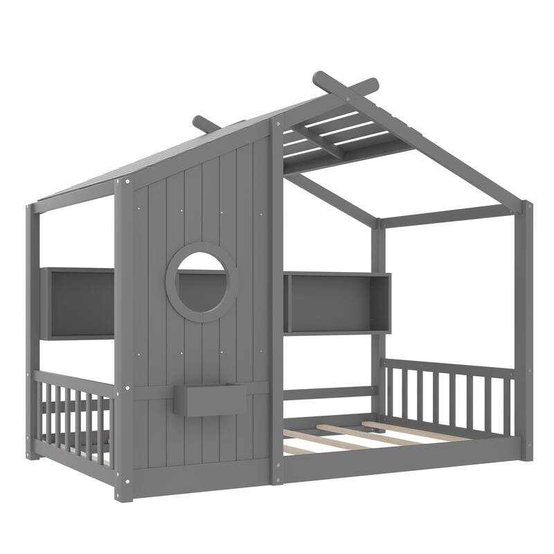 House Bed Frame for Toddler Floor Bed, Kids Montessori Bed with Storage Shelf and Round Window, Playhouse Bed with Roof Design