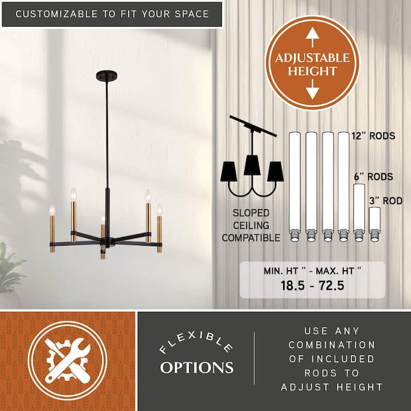 Damen 5 Light Black and Brass Contemporary Candle Chandelier - 25-in W x 18.5-in H x 25-in D
