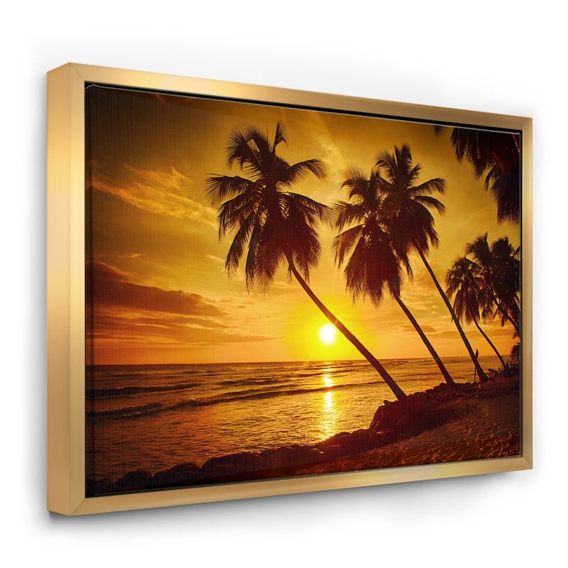Designart "Beach Sunset in Island Barbados" Modern Seascape Framed Canvas Artwork Print - 40 in. wide x 30 in. high - Gold