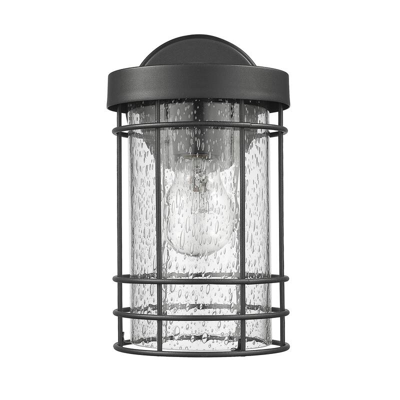 Textured Black 1- Light Outdoor Cylinder Wall Sconce with Seedy Glass