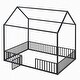 preview thumbnail 9 of 12, Black Full Size Metal House Bed with Fence, Roof and Door for Kids, Boys and Girls, Bedroom