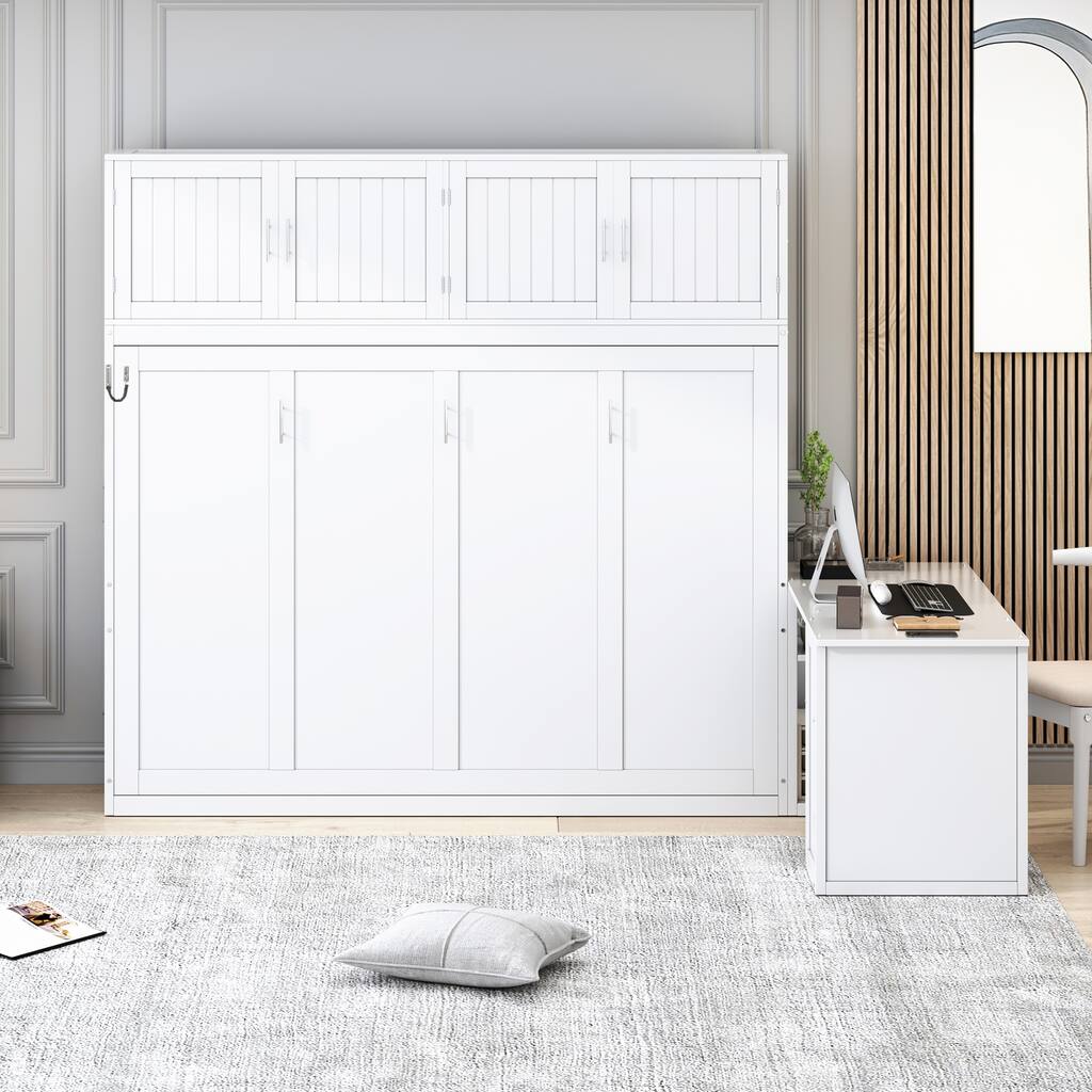 Queen Size Murphy Bed with Desk, Modern Foldable Wall Bed with Storage Shelves and Large Cabinets, Space-Saving Wood Bed Frame