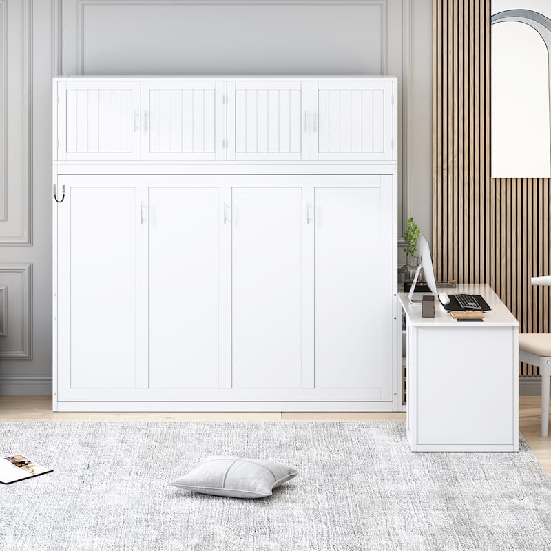 Queen Size Wall-Mounted Murphy Bed with Desk and Storage Cabinets, White/Gray - White