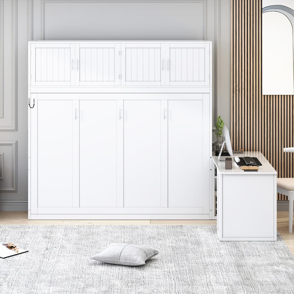 Queen Size Wall-Mounted Murphy Bed with Desk and Storage Cabinets, White/Gray