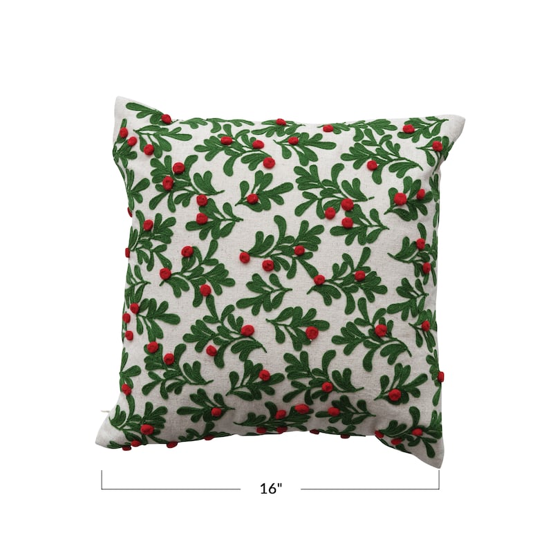 Cotton and Linen Pillow with Embroidered Mistletoe Pattern and Pom Poms