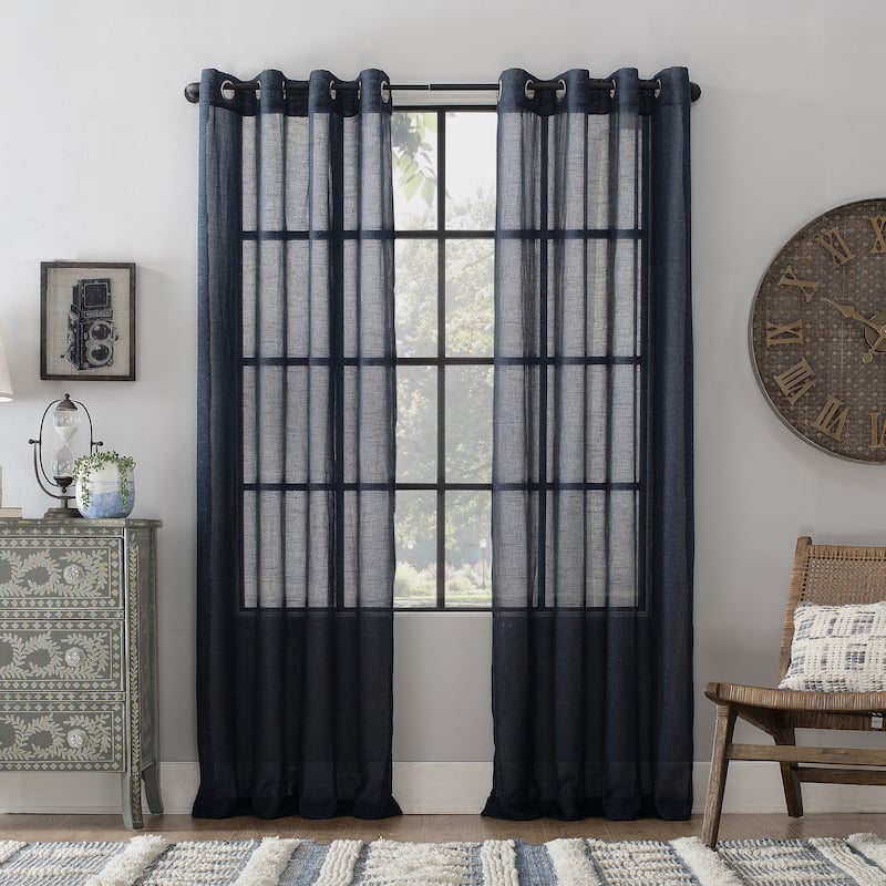 Archaeo Slub Textured Linen Blend Grommet Top Curtain, Single Panel - 52 x 84 - Navy