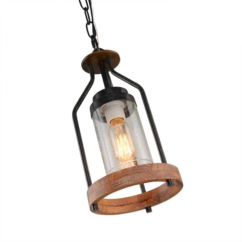 Anmytek Farmhouse 1-Light Black Cage Pendant Light Cylinder Glass Kitchen Island Lights for Dining Room - 7.1"D x 14.5" H