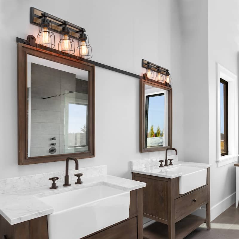 Ino Farmhouse 3-Light Wood Grain Bathroom Vanity Lights Wall Sconces - 21"L x 11.5"H x 6" D