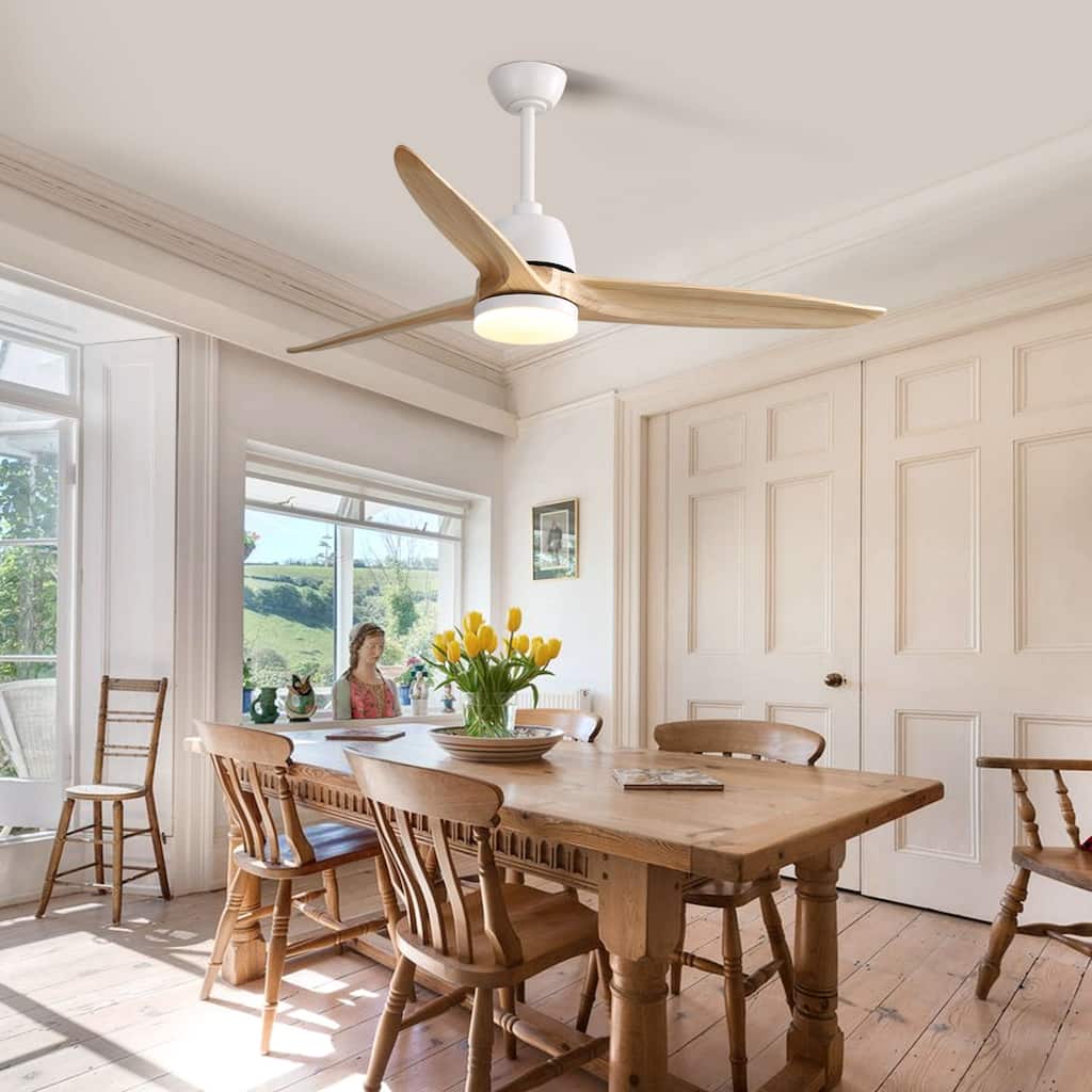 56 Inch Solid Wood White Ceiling Fan with Light and Remote