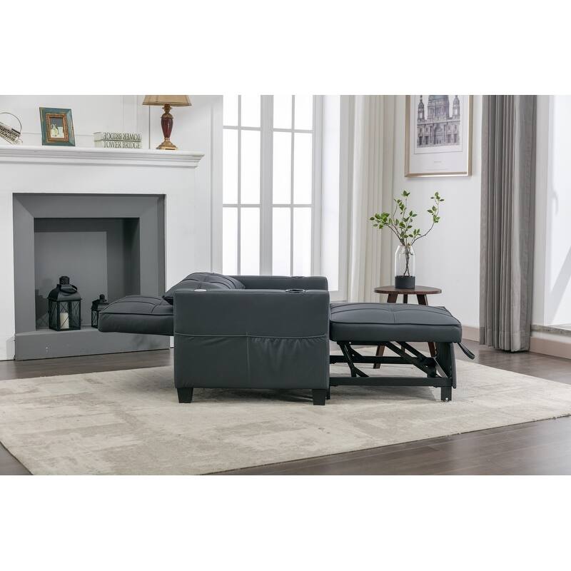 3-in-1 Convertible Sofa Chair,Pull Out Sleeper Chair with USB Ports and Cup Holders（Leather）