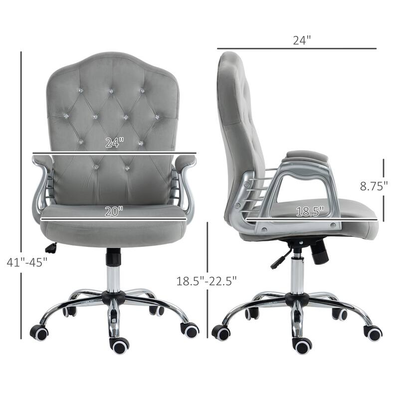 Vinsetto Velvet Office Chair - Button Tufted Adjustable Swivel Desk Chair with Wheels, Light Gray