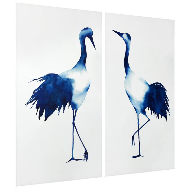 "Ink Drop Crane" Glass Wall Art Printed on Frameless Free Floating Tempered Glass Panel - Blue