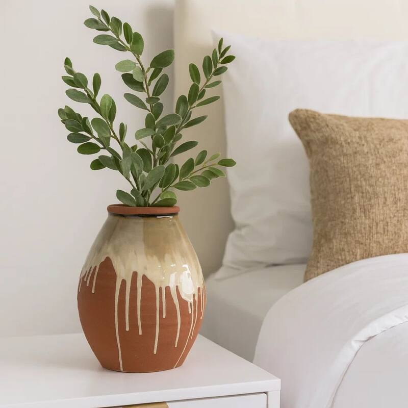 Accent Vase, Ceramic Drip Design Creamy Beige, Brown Ceramic, 12 Inch