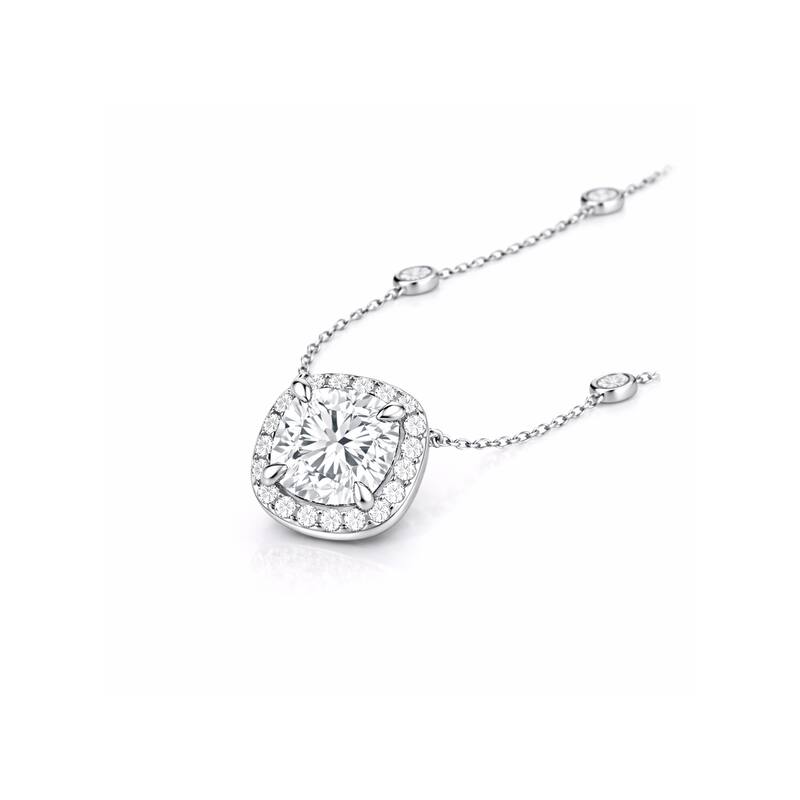 Auriya 14K Gold Lab Grown Cushion Diamond Halo Pendant with Bezel Necklace 1.00 to 5.00 ct. tw. (F-G VS)