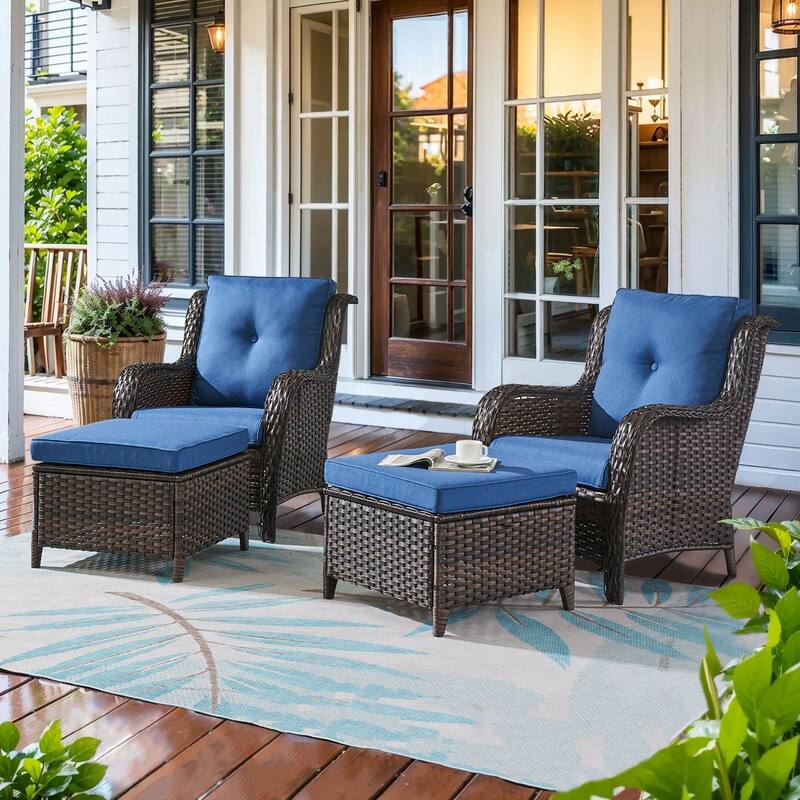 Gymojoy 4-Piece Outdoor Wicker Patio Furniture Chair Set, Rattan Coversation Set with Water Resistant Thick Cushions - Brown Wicker / Blue Cusion - 4-Piece