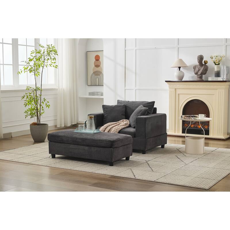 Chaise Lounge Chair with Removable Ottoman, Modern Accent Armchair Corduroy Sleeper Sofa Chair with Pillows for Living Room