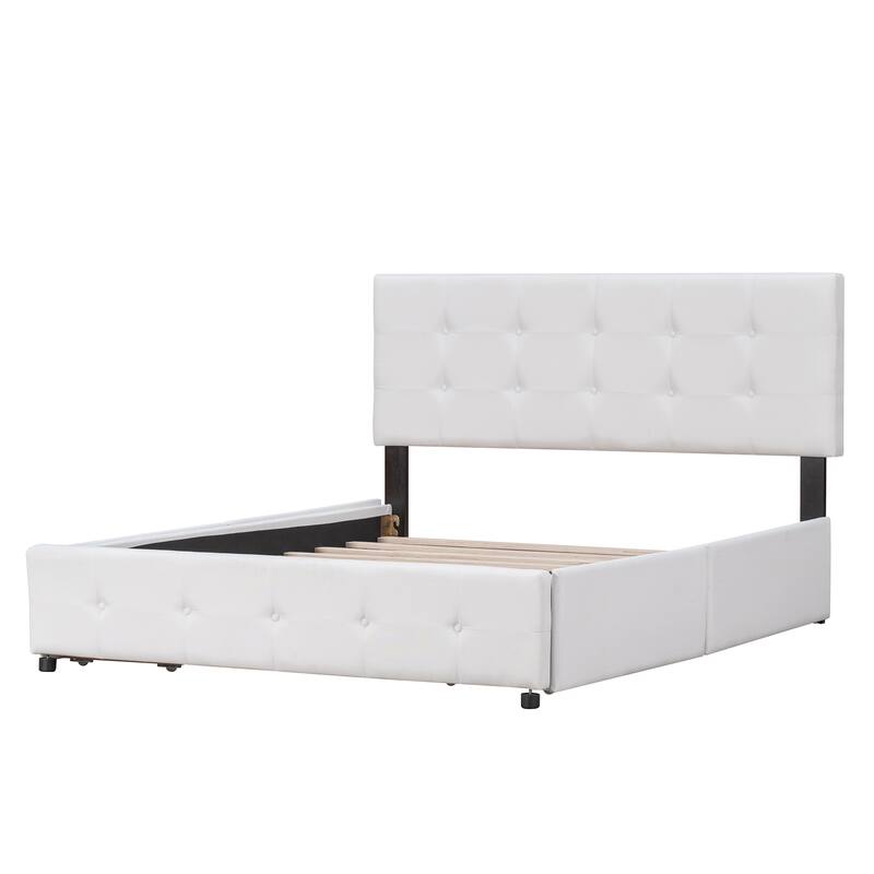 Upholstered Platform Bed with Classic Headboard and 4 Drawers, No Box Spring Needed, Linen Fabric
