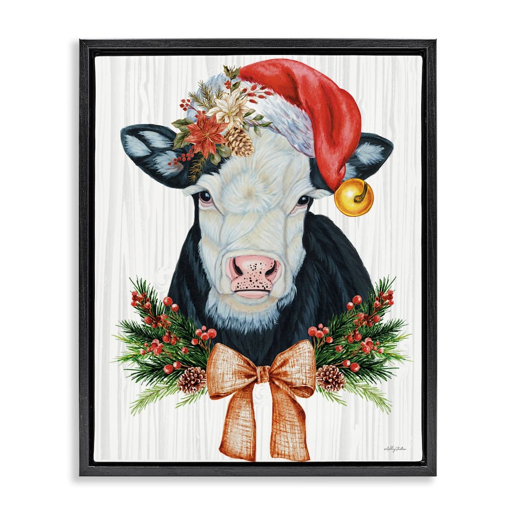 Stupell Festive Cow in Christmas Hat Framed Floater Canvas Wall Art Design By Ashley Justice