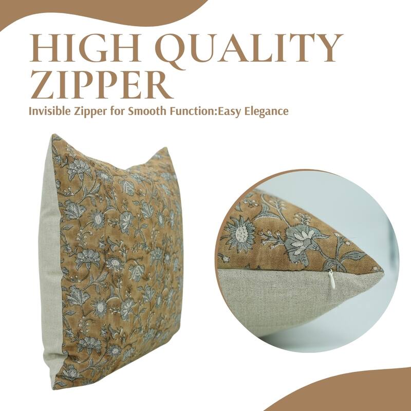 Fabdivine Block Print 12x20 Inch Pillow Cover Pure Linen Floral Farmhouse Decor Accent for Brown Soft, Cushion Case, Kanak Buti