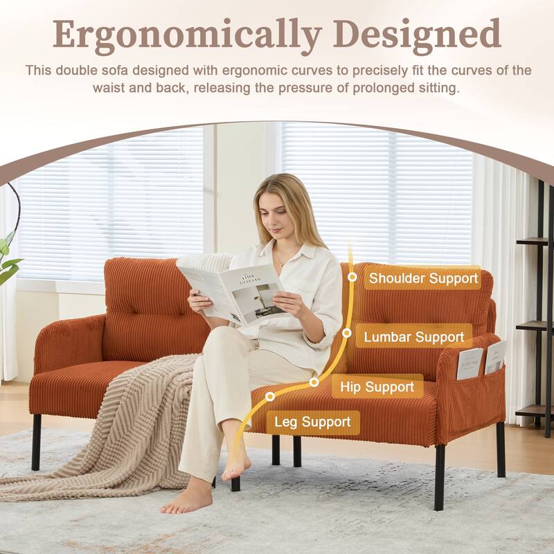 HOMEFUN Corduroy Upholstered Oversized Wood Frame Loveseat Sofa with Metal Legs and Side Pockets