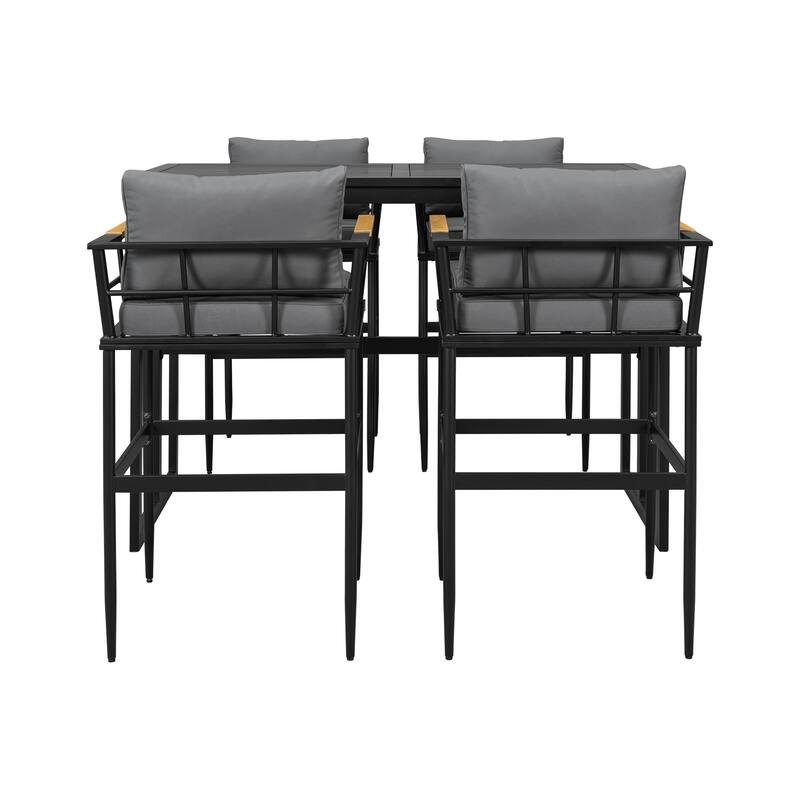 Outdoor Patio Metal Dining Set with Acacia Wood Armrest Suitable for Patio, Balcony or Backyard