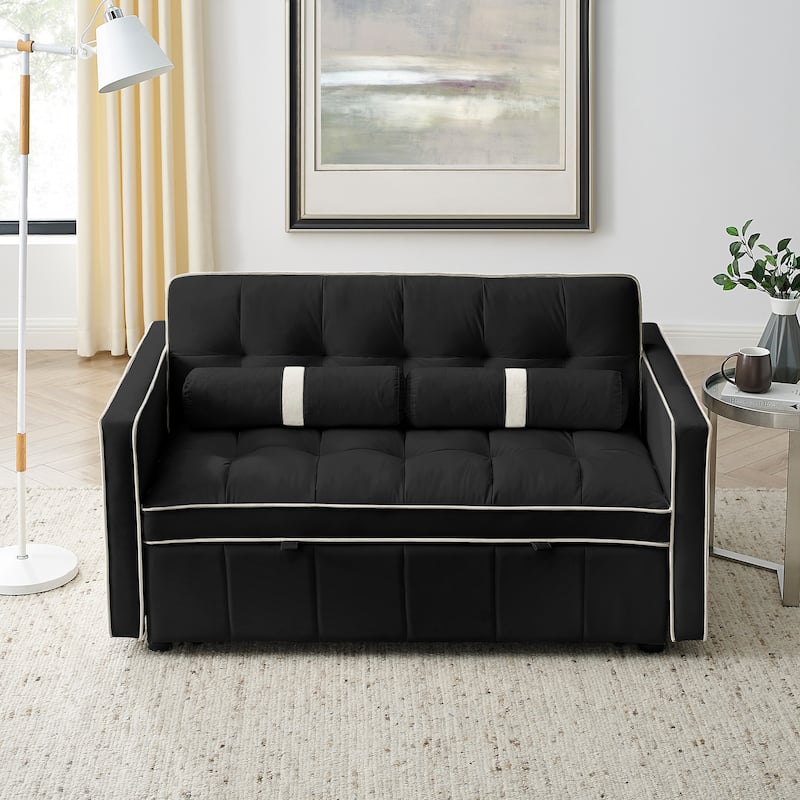 Loveseat Sofa with 2 Pillows and Storage Bag, Simple Sofa Bed with Pull-Out Bed, Convertible Sleeper Sofa Bed - Black
