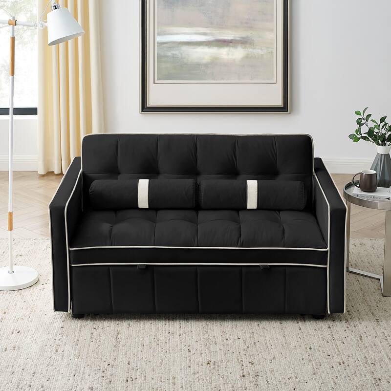 Velvet Pull Out Sleeper Sofa Bed, Adjustable Backrest Upholstered Tufted Couch Futon Sofa with 2 Pillows, Pockets