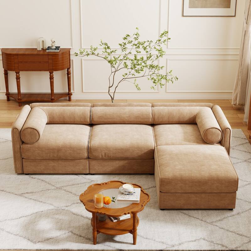 Modern Chenille 6-Seater Sofa with Ottoman Storage, Hidden Storage, Cylindrical Cushioned Arms and Backrest
