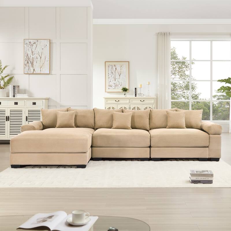 GDFStudio - Corduroy L-Shaped 3-Seater 130" Cloud Modular Sectional Couch with Ottoman