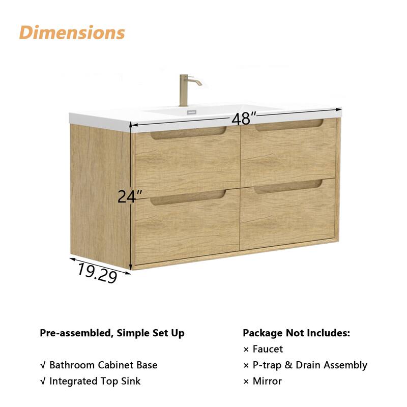 Prismis 36" 48" Wall-Mount Premium Bathroom Vanity with Integrated Sink