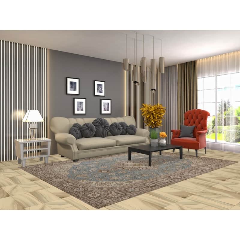 Hand Knotted Oriental 100% Wool Carpet Traditional Medallion Navy Blue & Blues Tabriz Area Rug - 9' 5'' X 6' 7''