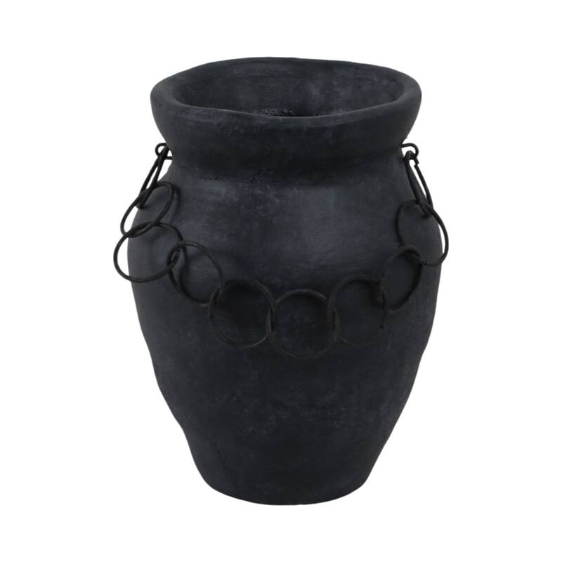 Pottery Terracotta Vase with Ring Accent Detail Modern Display Piece - 8" x 8" x 10"