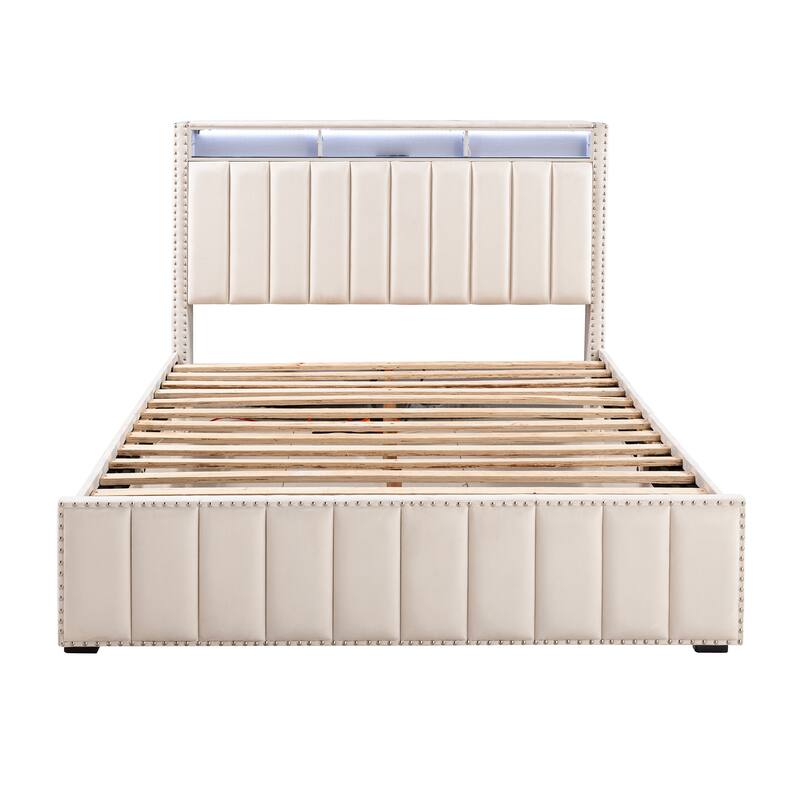 Modern Beige Solid Wood Bed Frame with Open Compartments